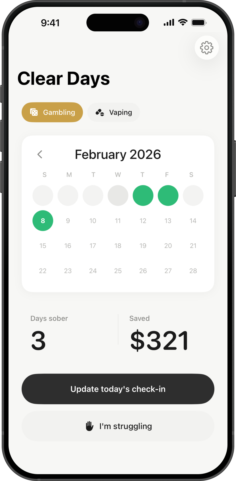 Clear Days app showing calendar progress tracker, days sober count, and money saved
