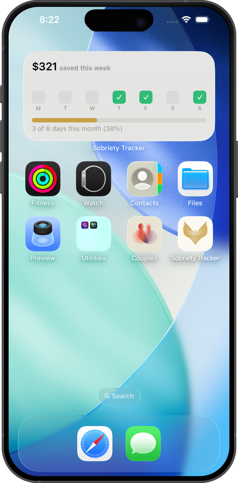 Clear Days widget on iPhone home screen showing money saved and weekly progress